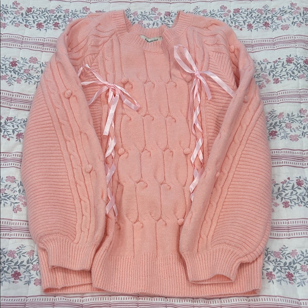 Francesca's Collections Peach Knit Sweater with Ribbon Accents